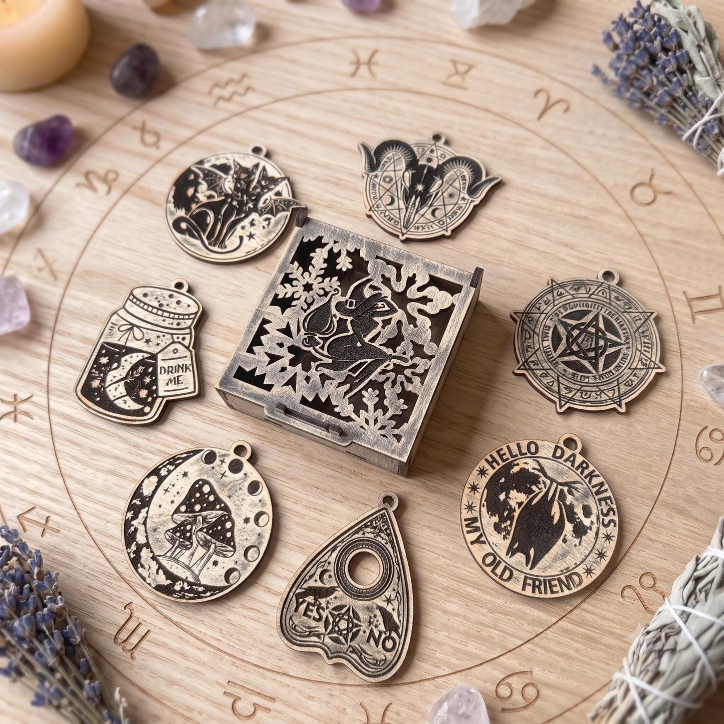 Seven Witch Ornaments in Dark Oak Gift Box for Wicca Sabbat Decor