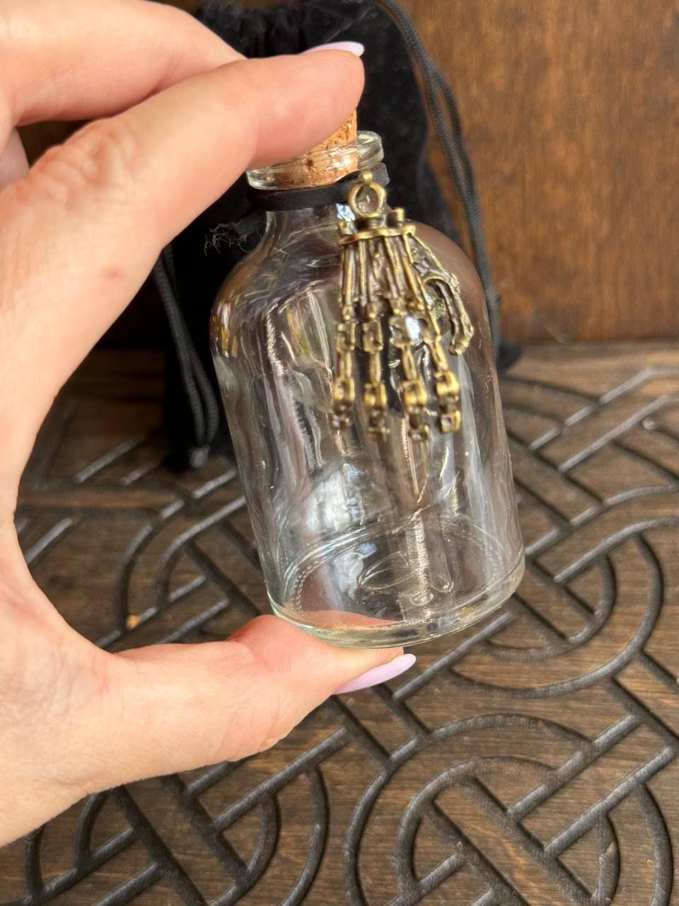 Personalized 60 ml Potion Bottle with Silver Skeleton Hand, Gothic Witch Decor