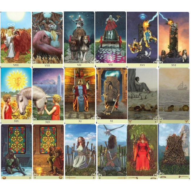 The image is a collage of 16 tarot cards, each depicting a different scene or character from the tarot deck. The cards feature various symbols, imagery, and storytelling elements, showcasing the rich history and artistry of the tarot card tradition.