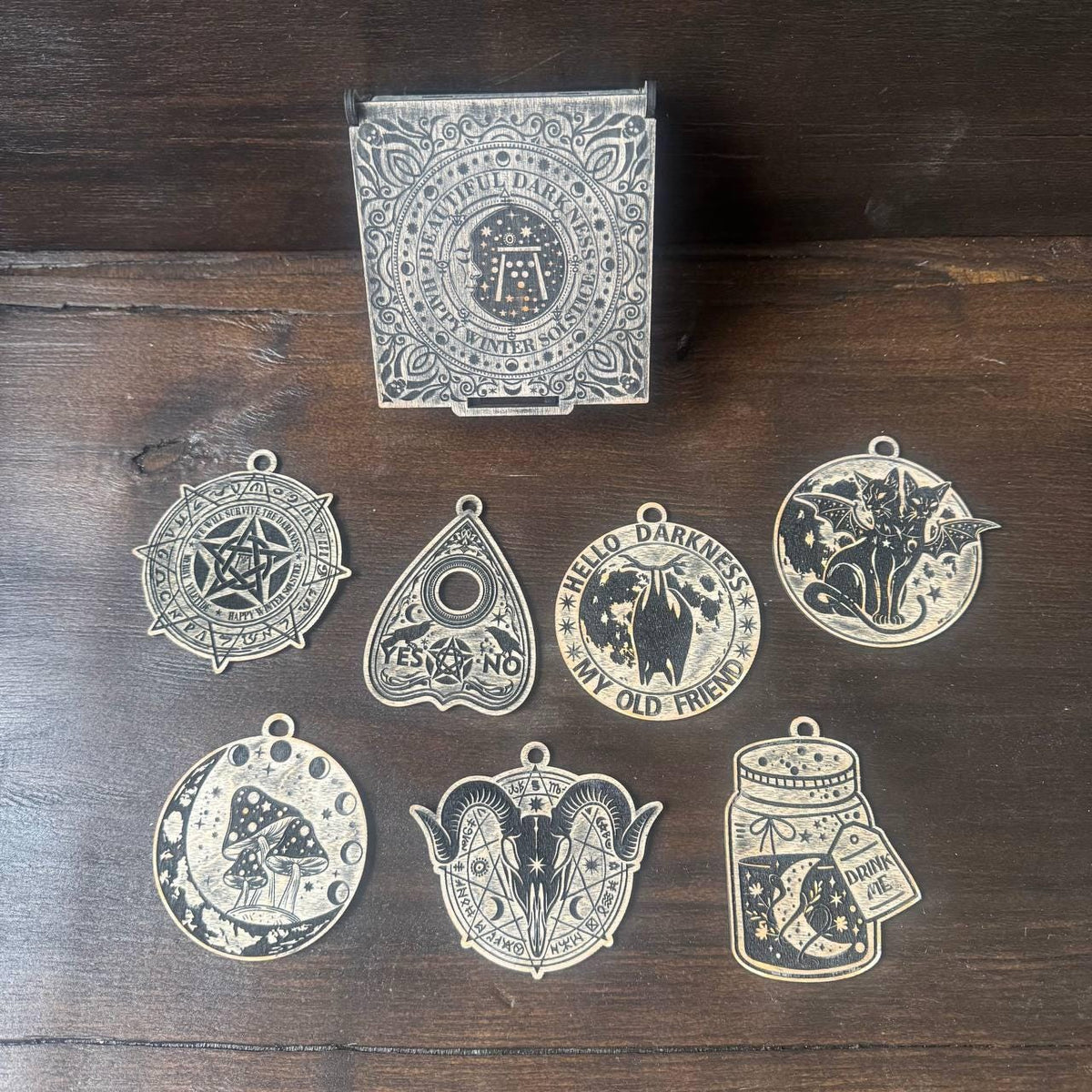 Personalized Wicca Ornament Set, 7 Wooden Witch Symbols in Old Oak Gift Box