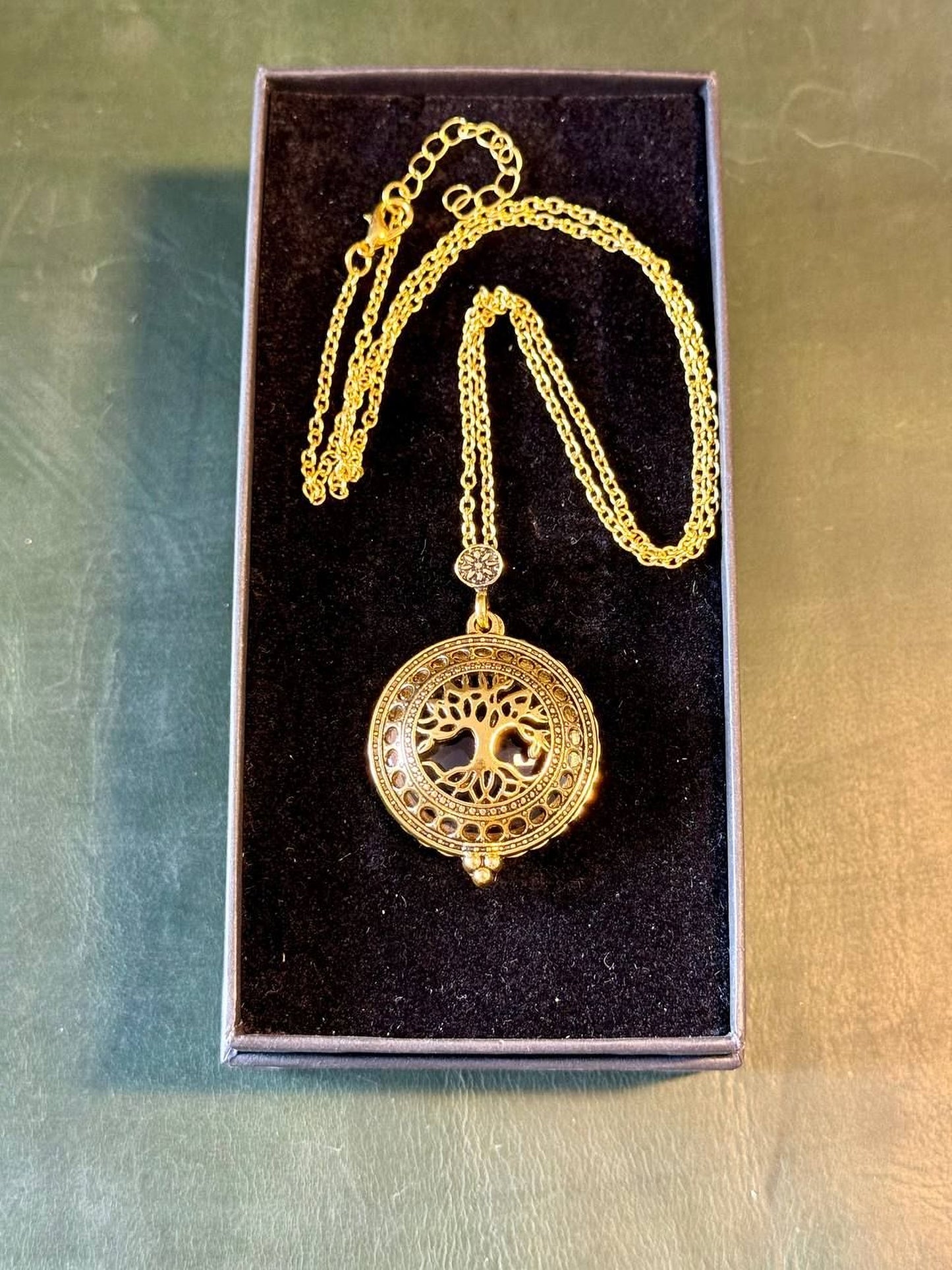 A gold-colored necklace with a circular pendant is displayed in a black box.