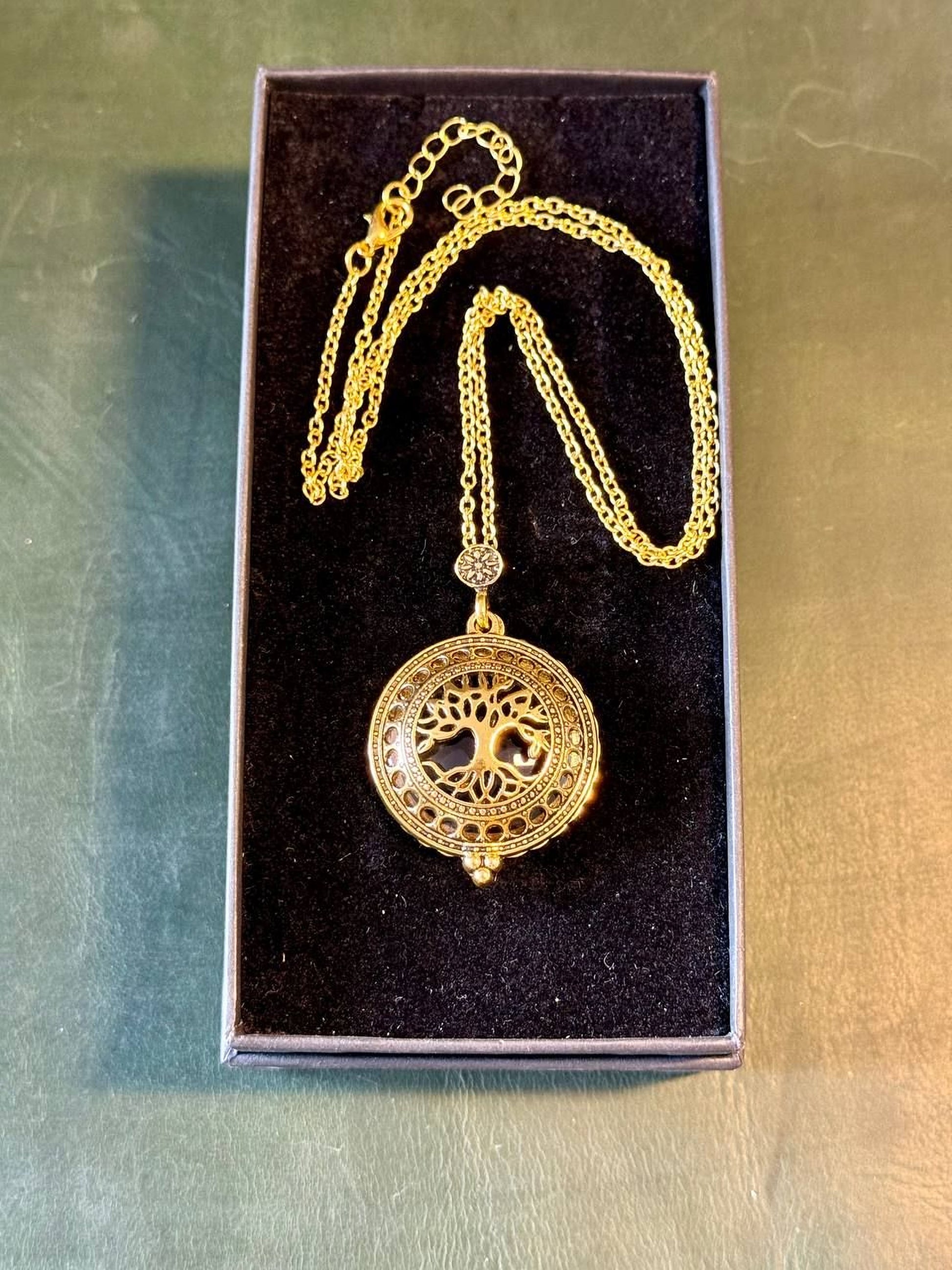 A gold-colored necklace with a circular pendant is displayed in a black box.