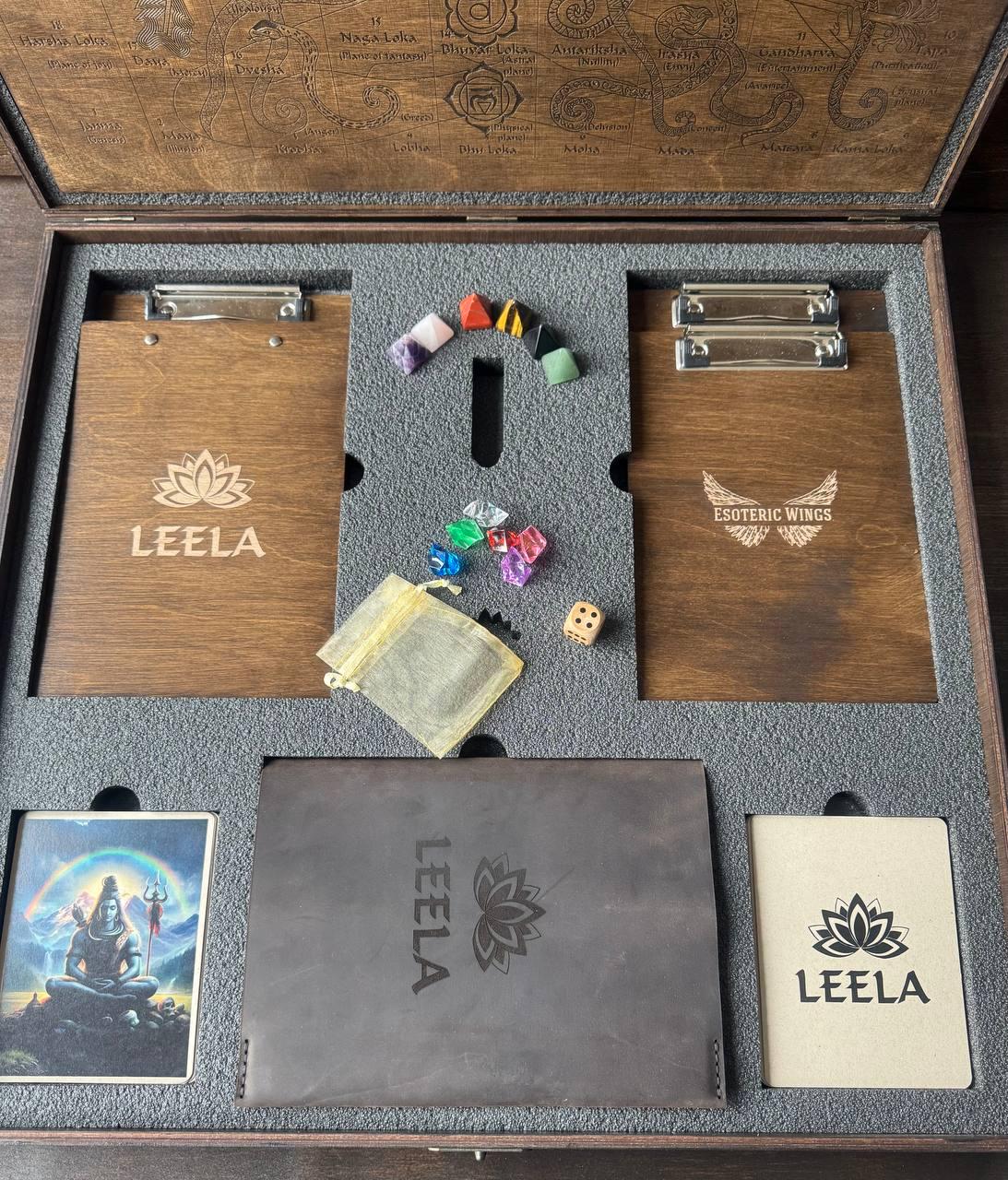 Leela Board Game - Wooden Spiritual Classic Set with Engraved Board & Meditation Tools