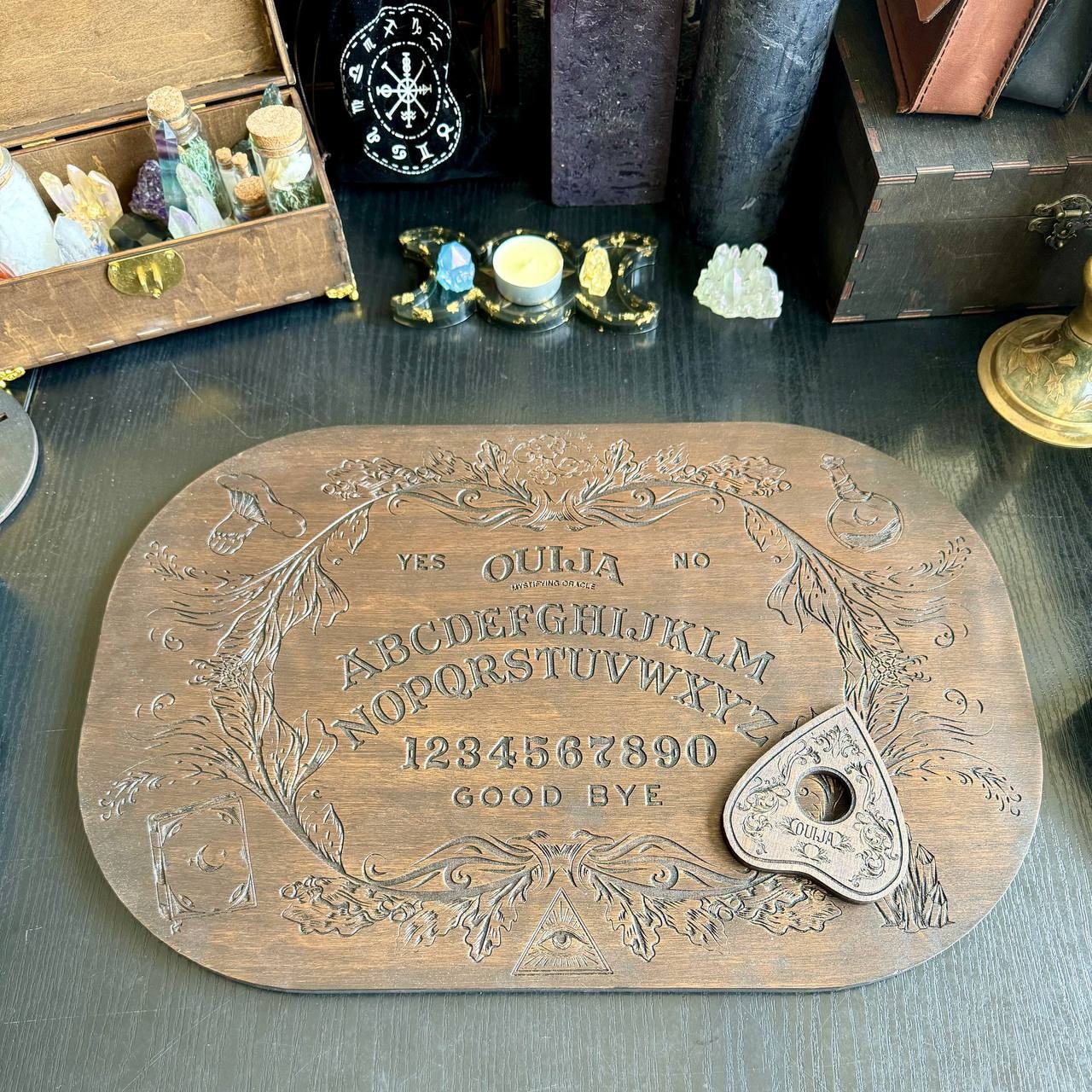 Wooden Ouija Board with Planchette, Gothic Spirit Game for Ritual Decor