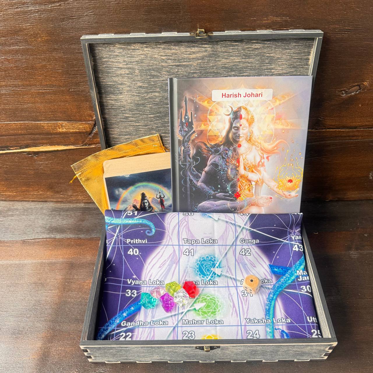 a wooden box with a map and a book titled "Harish Johari" on top of it, placed on a wooden surface.