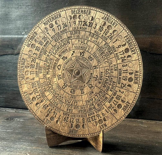 2026 Lunar Calendar with Pentagram – Wiccan Moon Phase Wheel on Walnut Wood with Stand