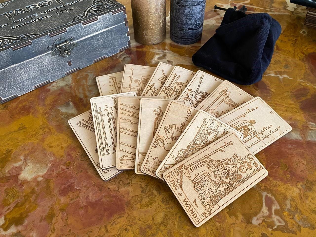 Wooden Tarot Cards Wands Suit Rider–Waite–Smith Engraved Deck Fire Element