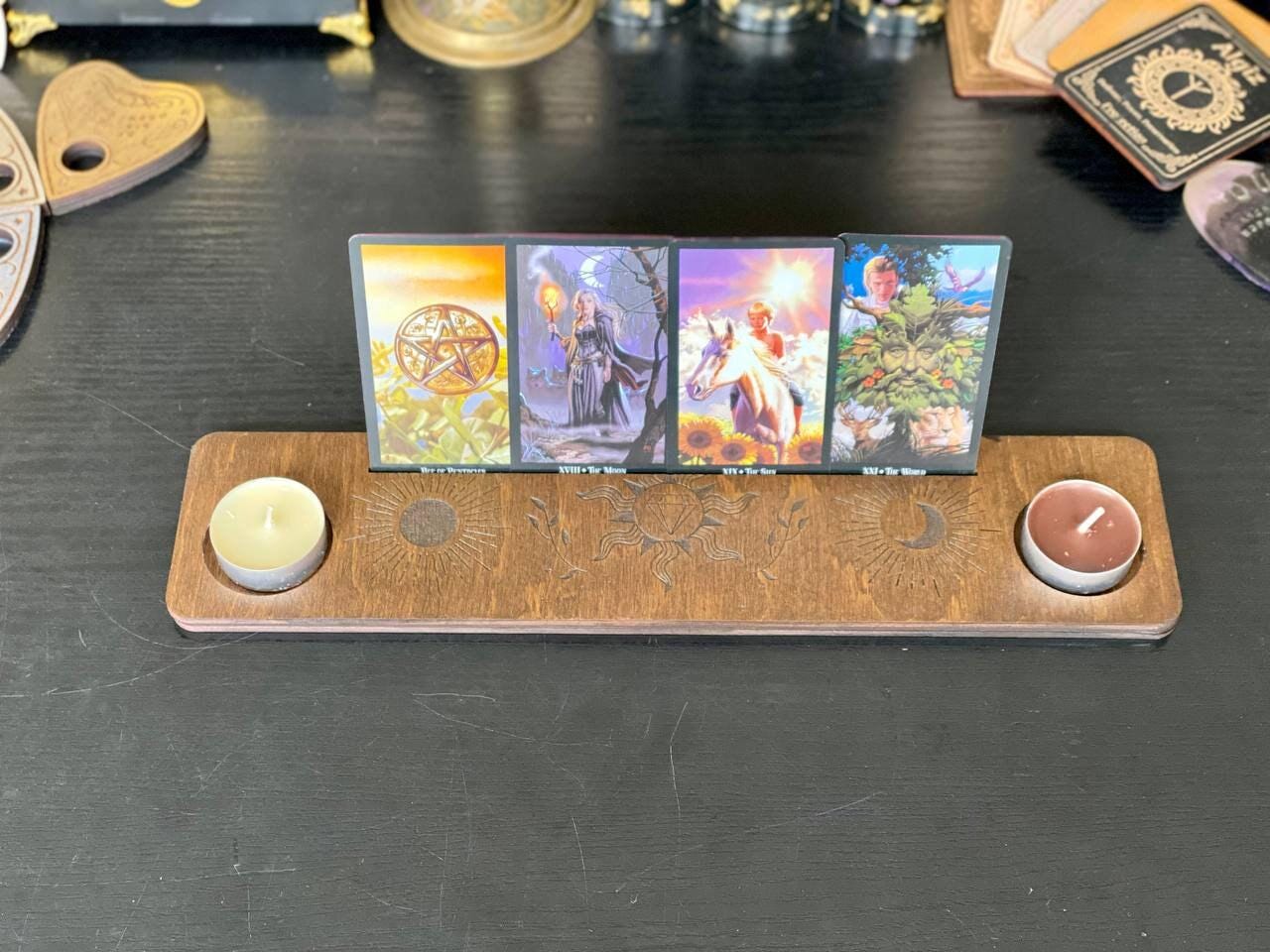 Sun and Moon Tarot Card Holder, Engraved Wooden Altar Stand