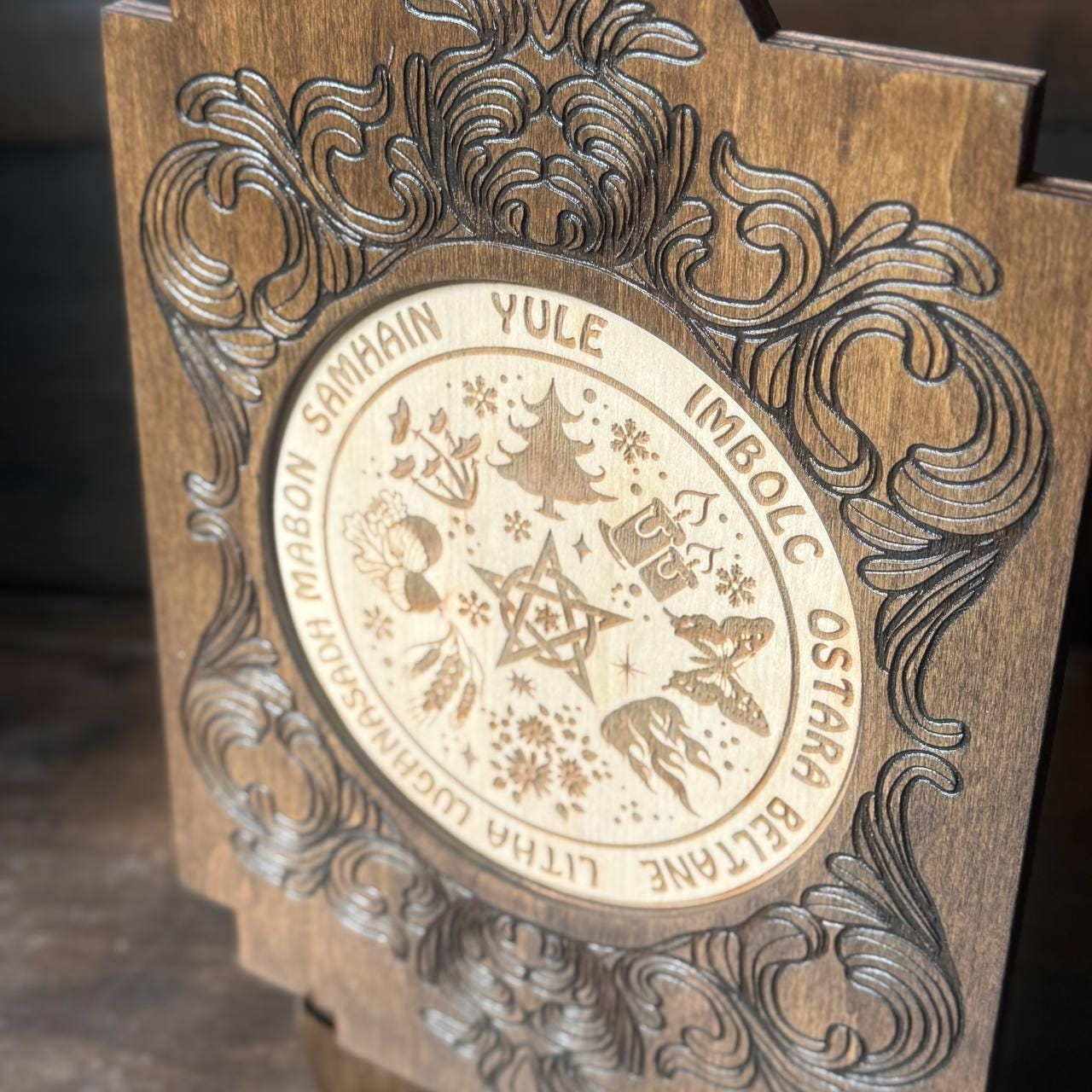 Wooden Wheel of the Year Altar Calendar with Stand, Engraved Wiccan Sabbat Decor