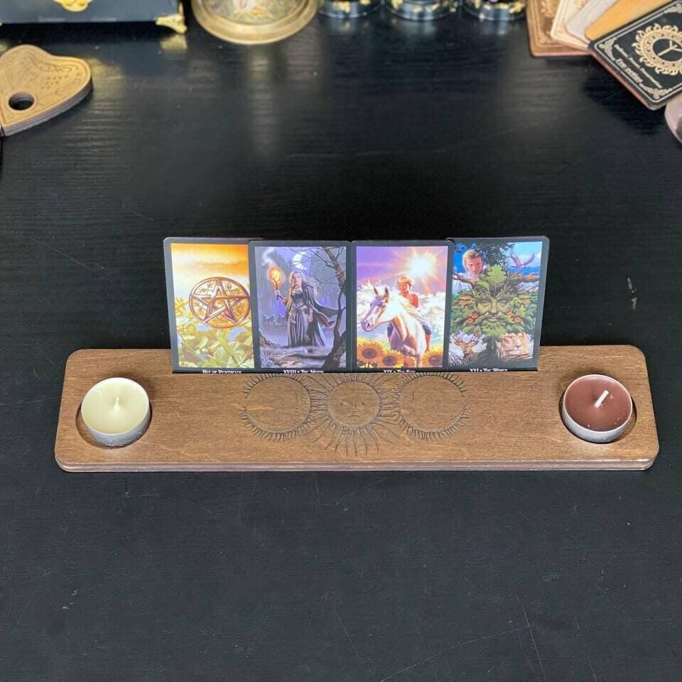 Sun and Moon Tarot Card Holder, Engraved Wooden Altar Stand