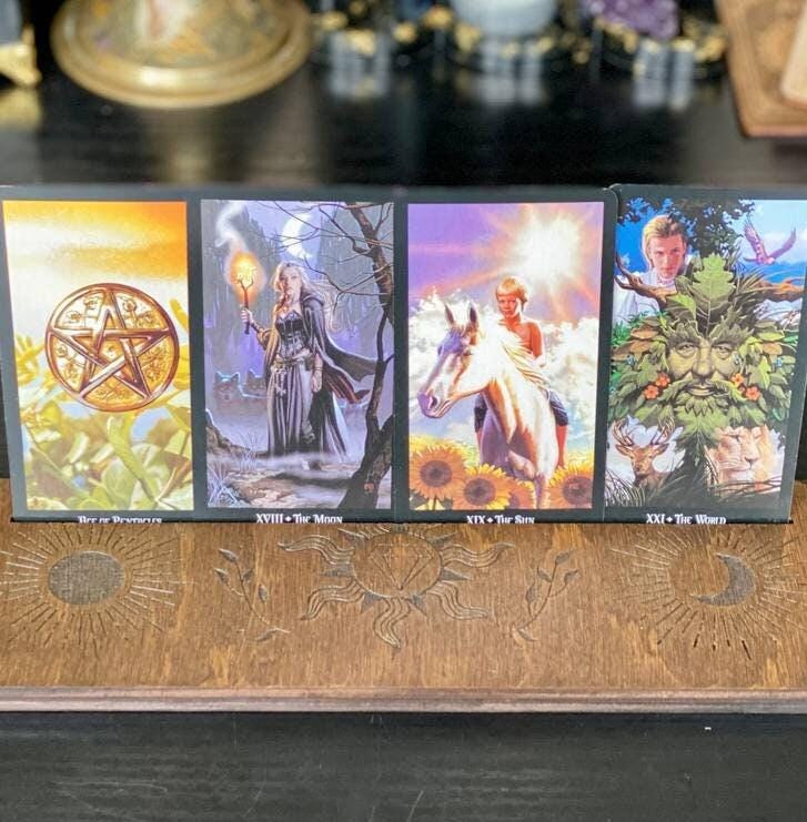 Sun and Moon Tarot Card Holder, Engraved Wooden Altar Stand