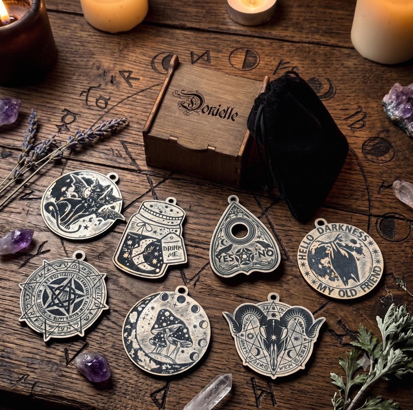Personalized Wicca Ornament Gift Box, 7 Wooden Sabbat Charms in 4 Colors