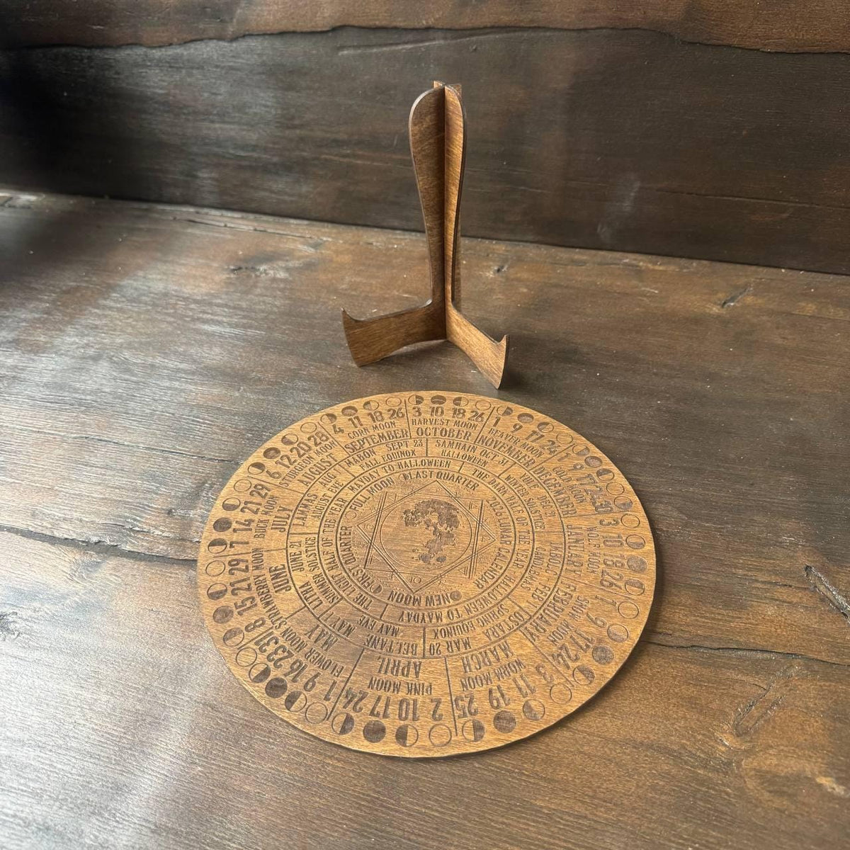 2026 Lunar Calendar Wood Moon Phase Wheel, Witch Altar Decor with Stand, Pagan Astrology Gift