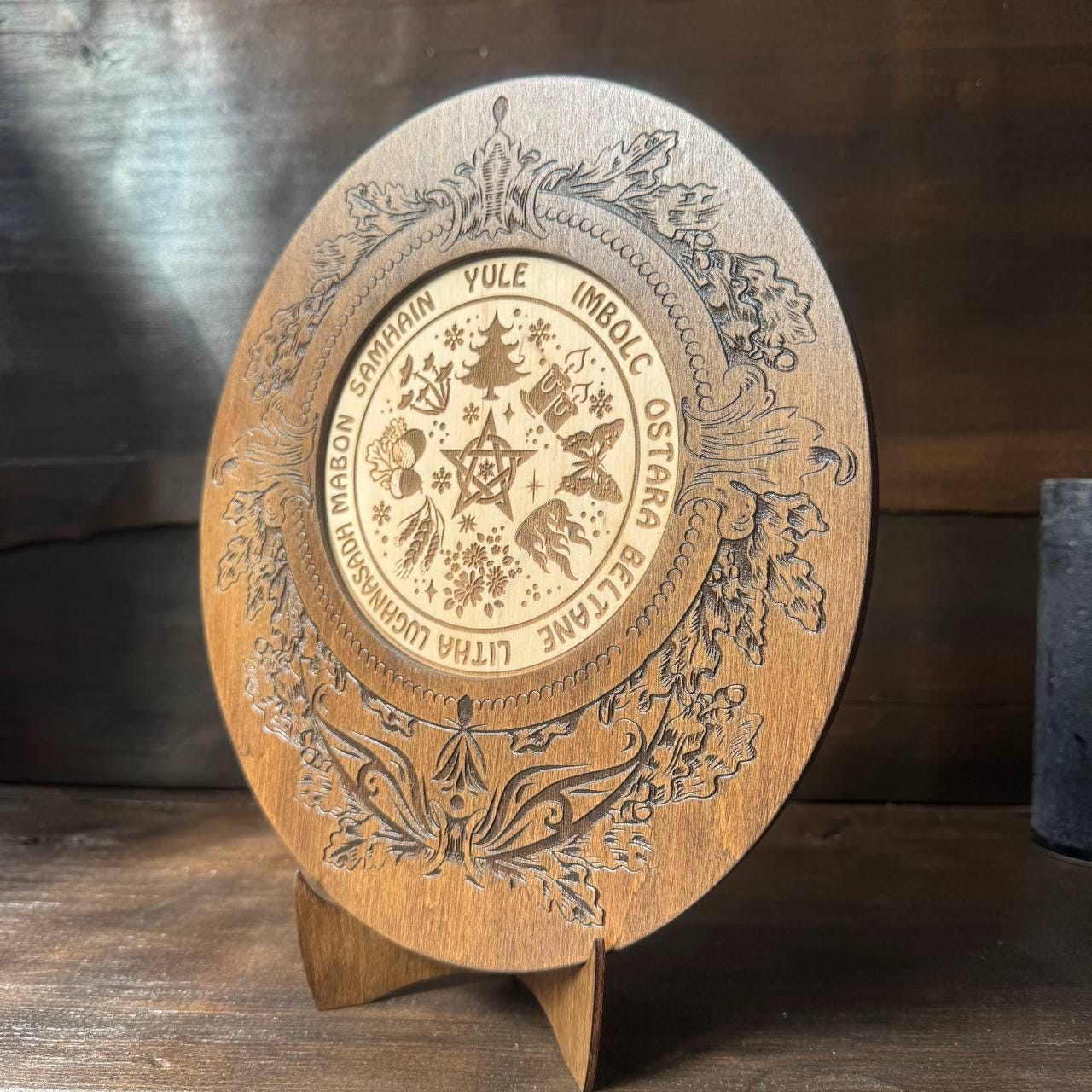 Two-Layer Wooden Wheel of the Year Calendar with Stand, Wiccan Sabbat Decor