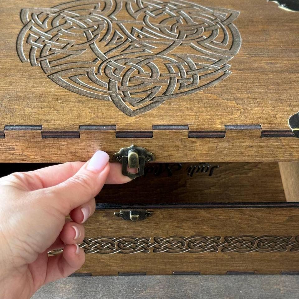 Celtic Wooden Storage Box with Engraving, Viking Style Jewelry Box, Medieval Keepsake Chest