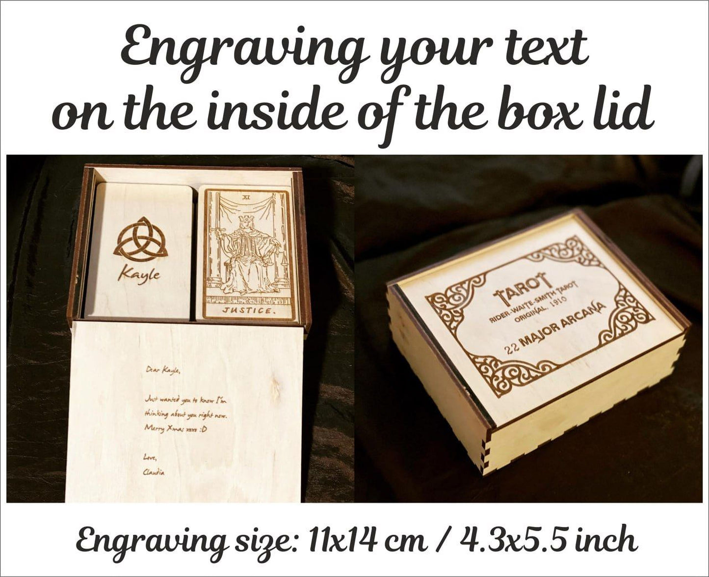 a wooden box lid with a tarot card and a note inside, along with a description of the process of engraving text on the inside of the box lid.