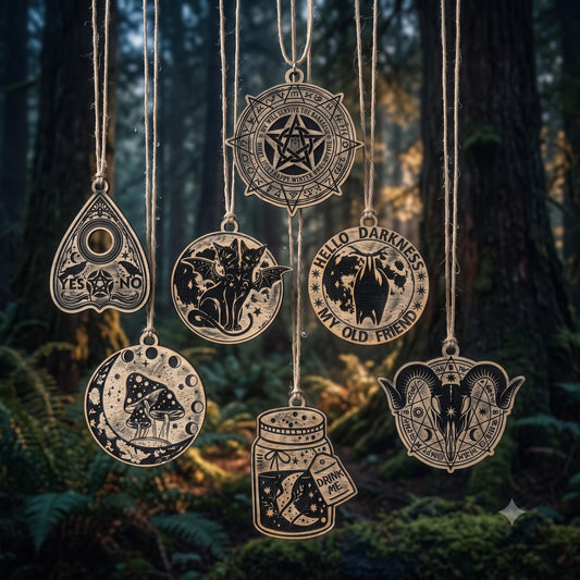 Seven Witch Ornaments in Dark Oak Gift Box for Wicca Sabbat Decor
