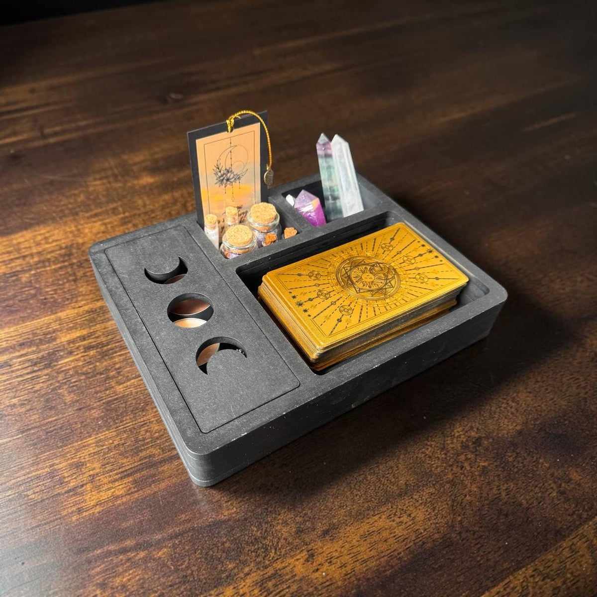 Black Tarot and Crystal Organizer, Moon Phase Witchcraft Storage Box