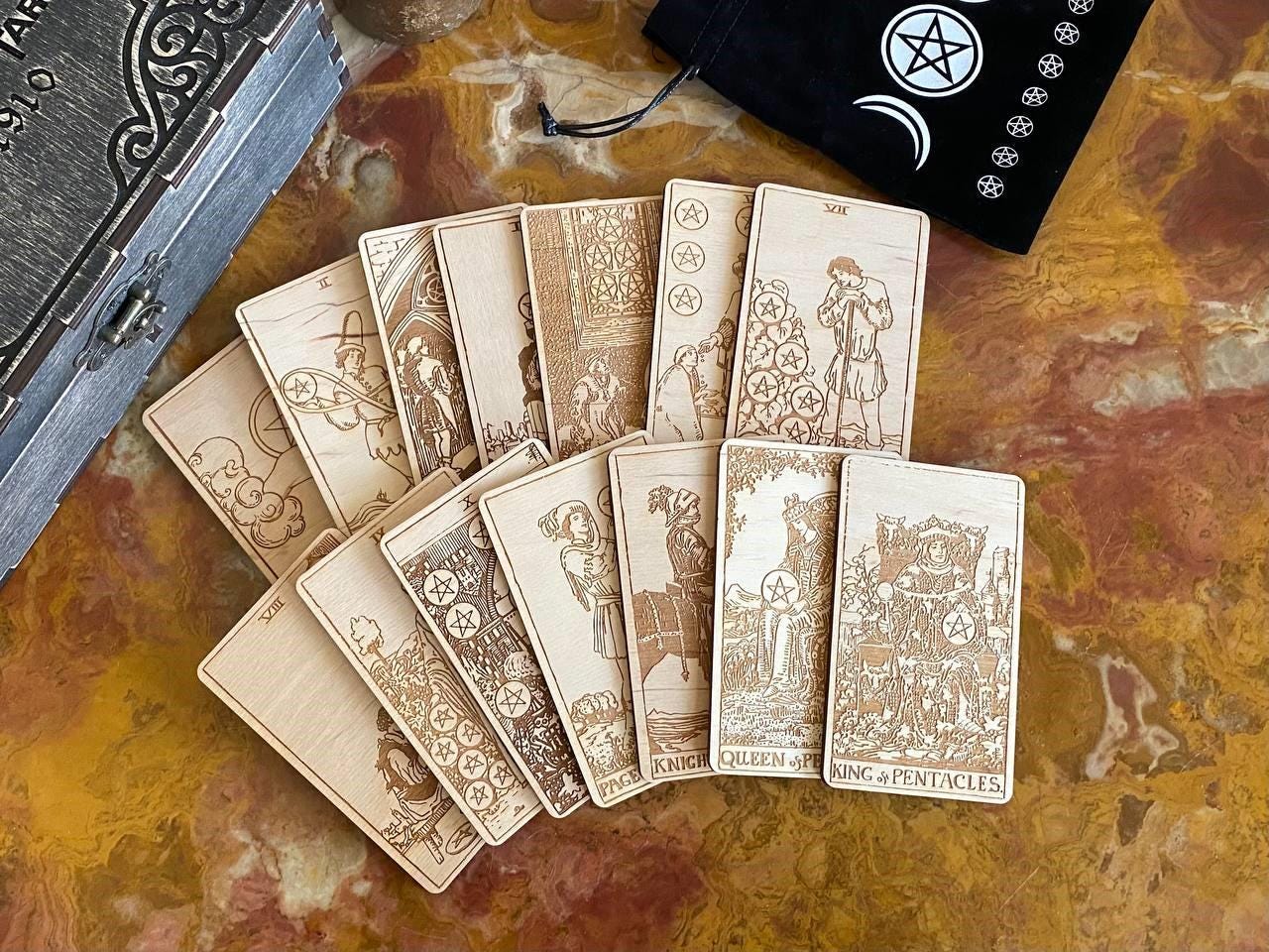 Wooden Tarot Cards Pentacles Suit Rider–Waite–Smith Engraved Deck Earth Element