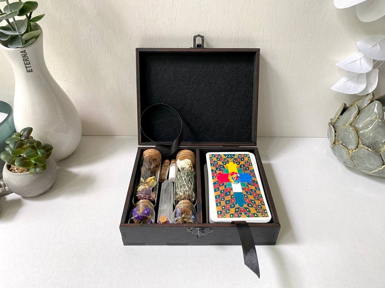Tarot Card Box, Double Deck Storage, Witch Decor, Engraved Wooden