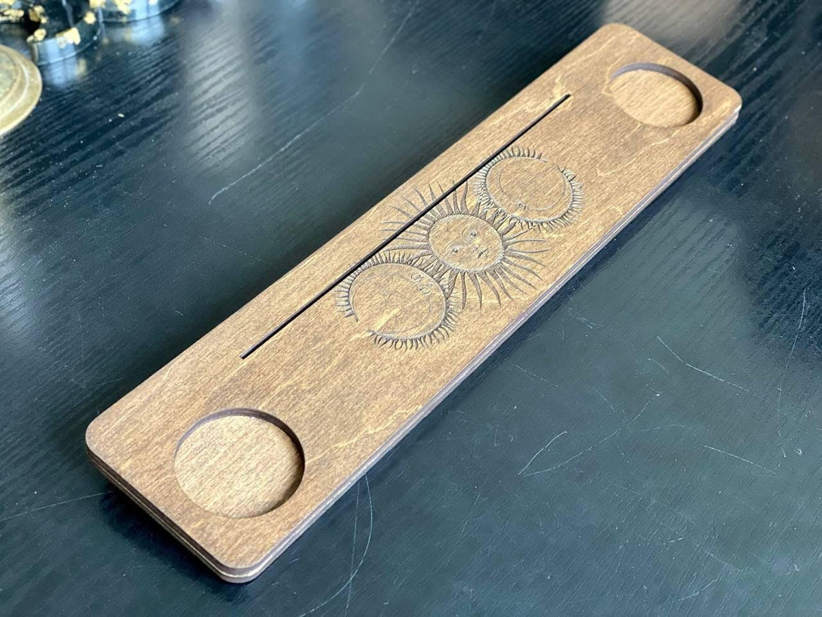 Sun and Moon Tarot Card Holder, Engraved Wooden Altar Stand