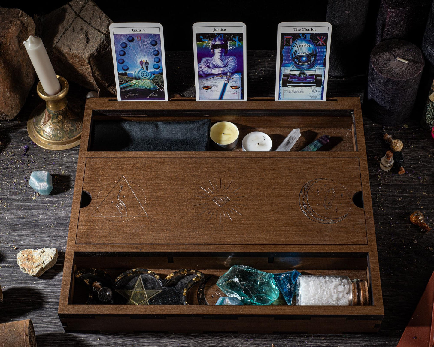 Engraved Wooden Tarot Box: Wiccan Crystal Storage, Personalized Witch Decor