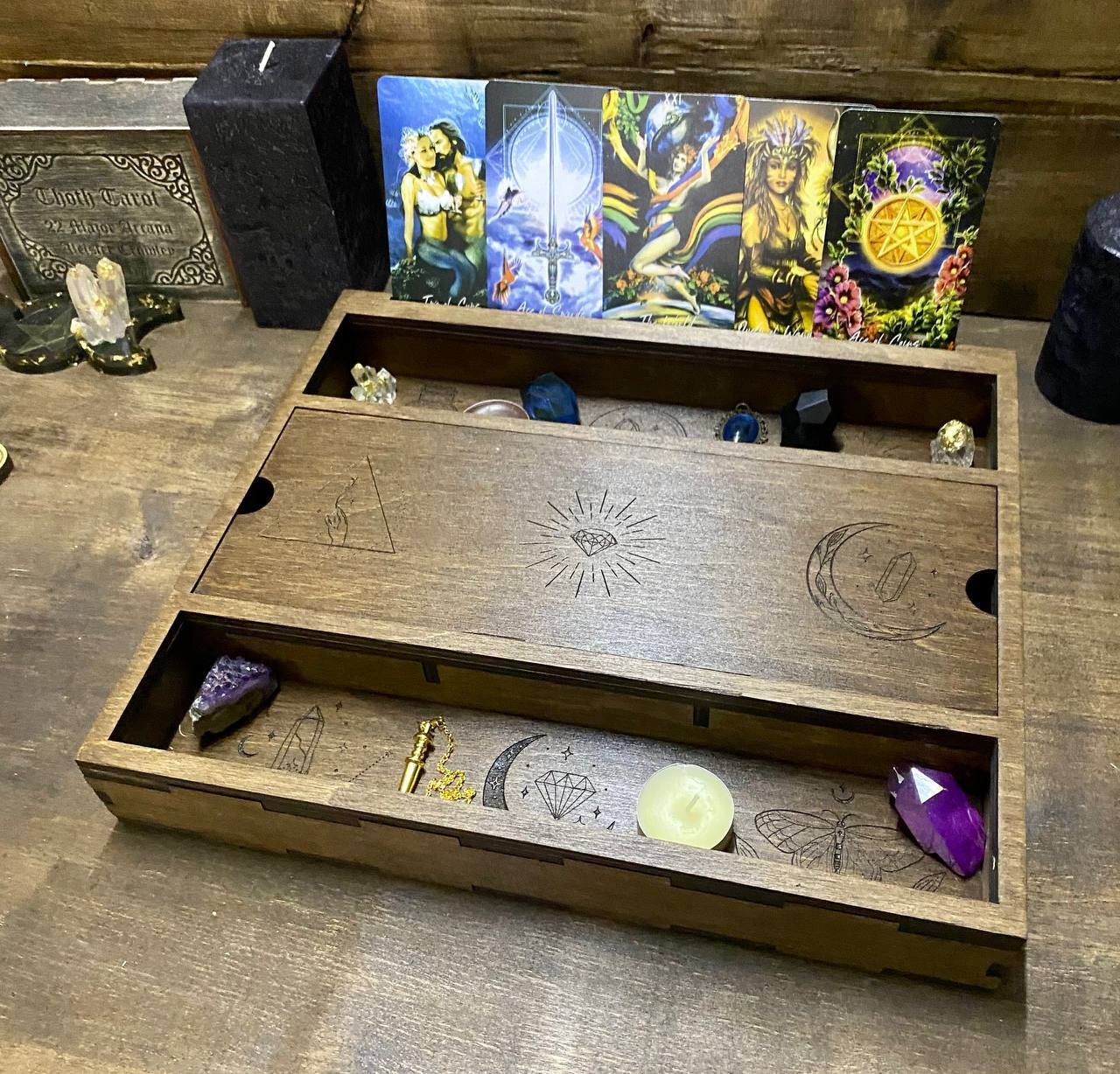 Engraved Wooden Tarot Box: Wiccan Crystal Storage, Personalized Witch Decor