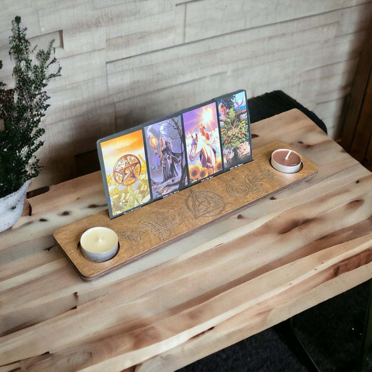 Engraved Wooden Tarot Card Holder with Candle Stand, Personalized Altar Display