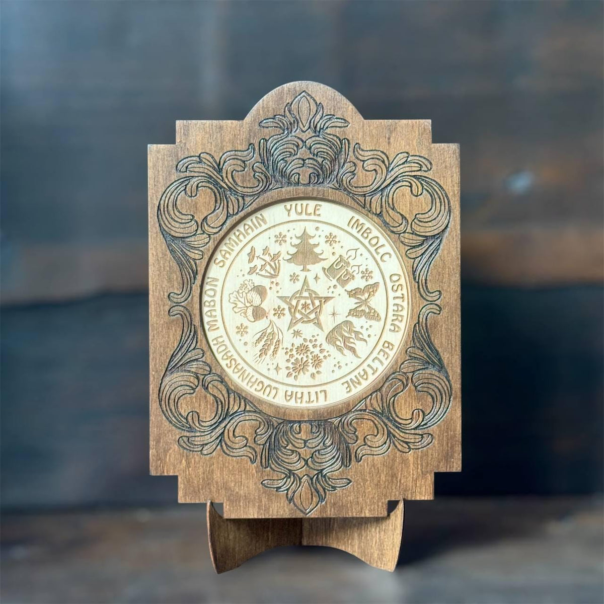 Wooden Wheel of the Year Altar Calendar with Stand, Engraved Wiccan Sabbat Decor