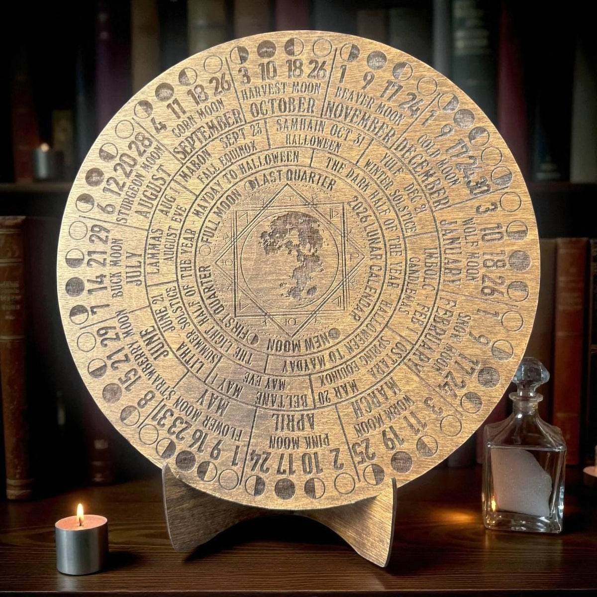 2026 Lunar Calendar Wood Moon Phase Wheel, Witch Altar Decor with Stand, Pagan Astrology Gift