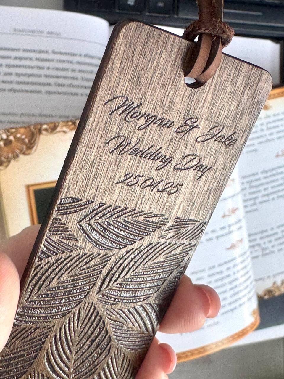Personalized Wooden Leaf Bookmark, Engraved Guest Keepsake