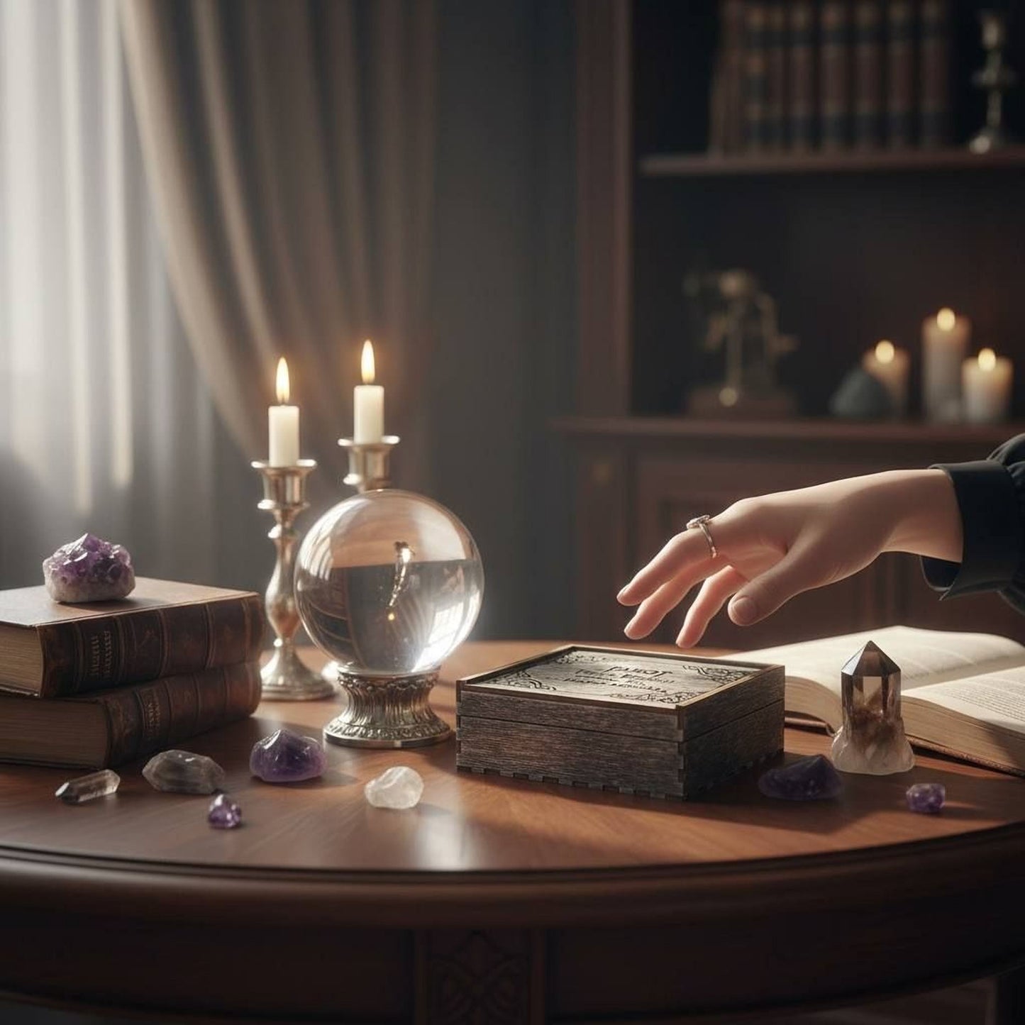 A hand reaches for a small wooden box on a wooden table, surrounded by books, crystals, and candles.