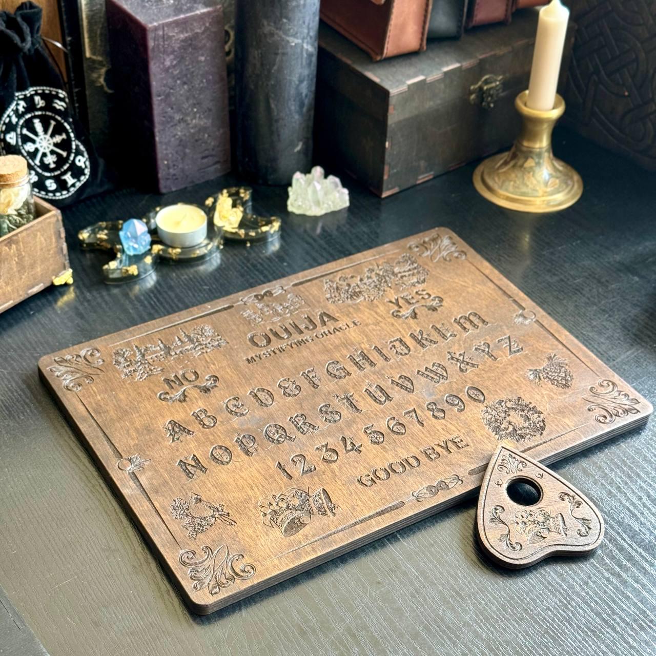 Wooden Ouija Board – Engraved Divination Tool with Mystical Planchette for Rituals