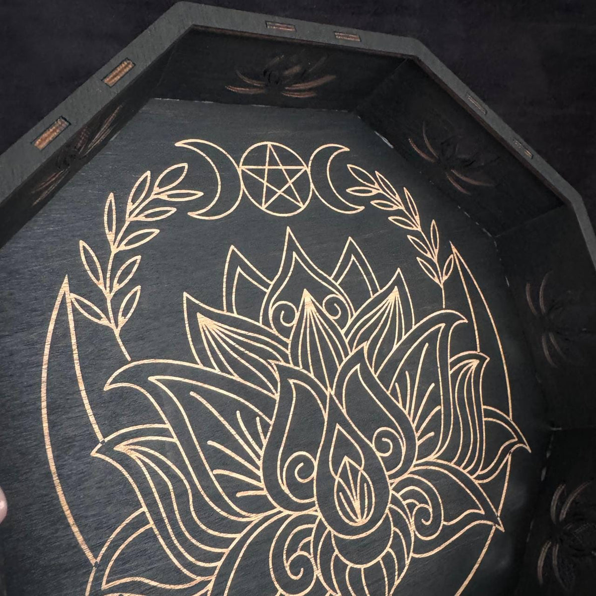 Personalized Lotus Altar Tray, 11 Inch Wenge Tarot & Crystal Display