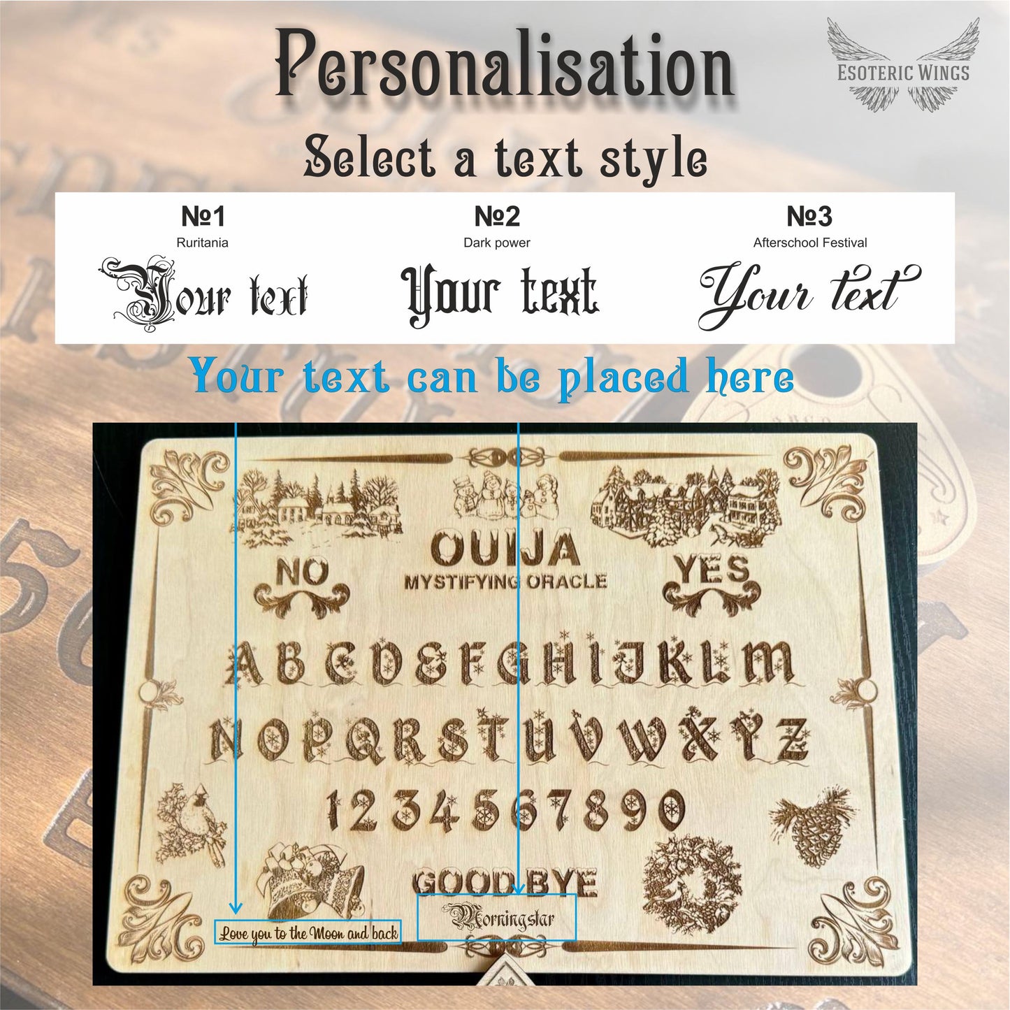 Wooden Ouija Board – Engraved Divination Tool with Mystical Planchette for Rituals