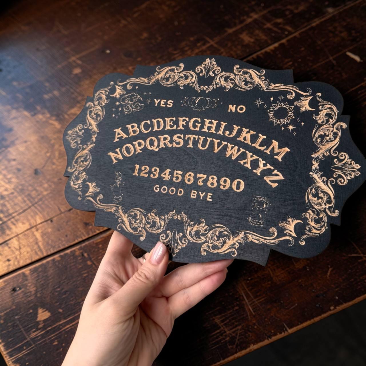 Ouija board, black wood, spirit board with planchette, gothic divination decor