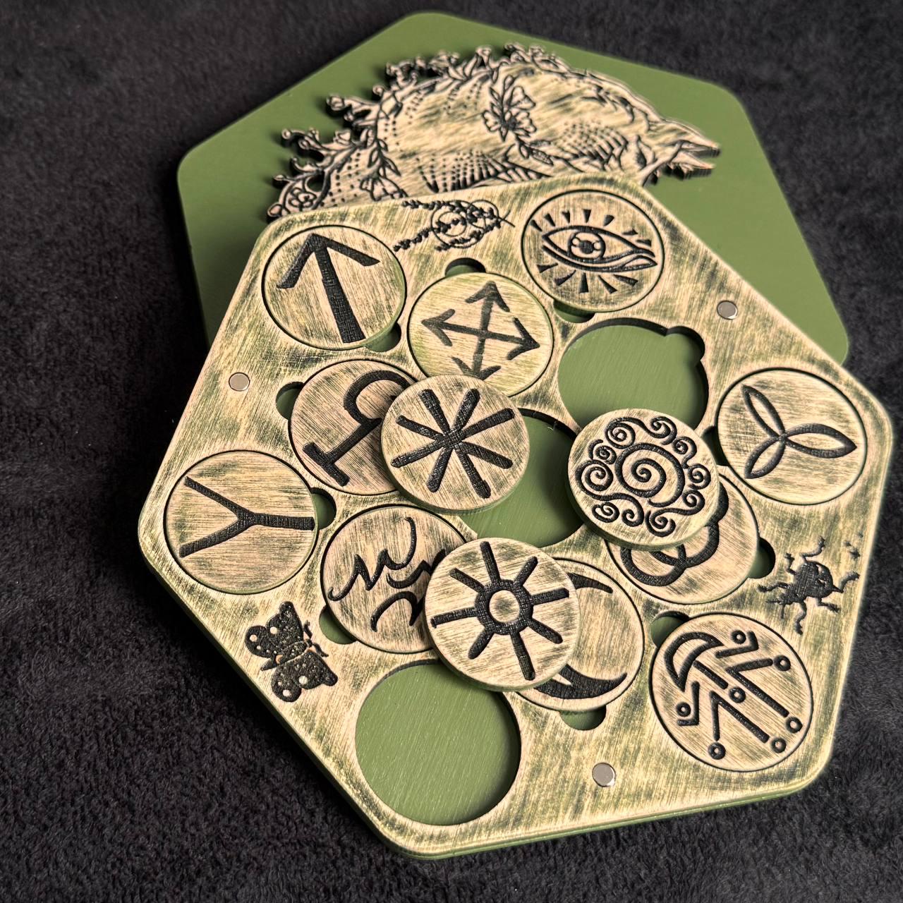Witch Runes Set with Lid, Wooden Divination Symbols Board, Pagan Altar Tool