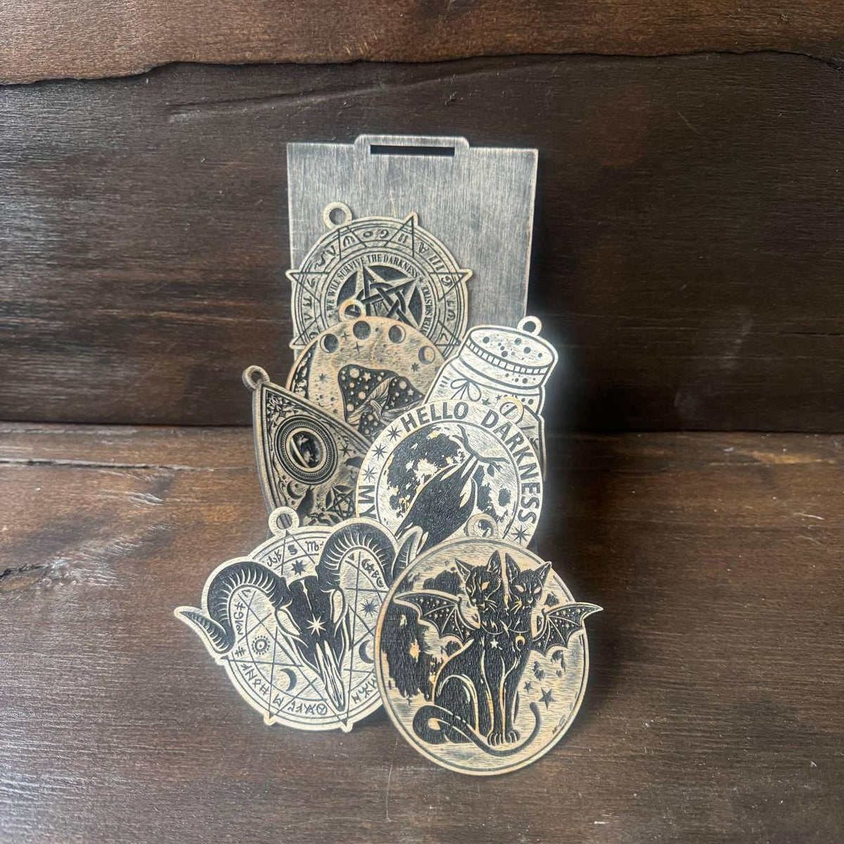 Personalized Wicca Ornament Set, 7 Wooden Witch Symbols in Old Oak Gift Box