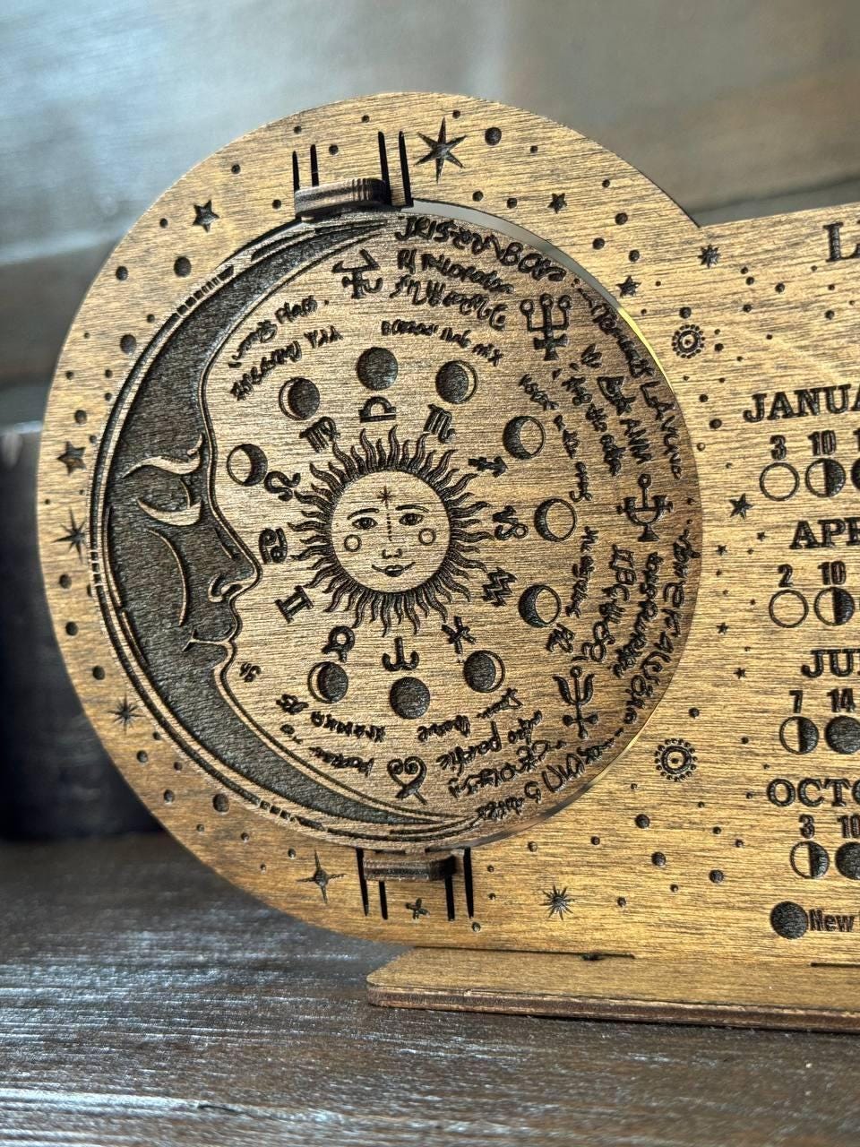 Lunar Calendar 2026 Wooden Moon Phase Board, Astrology Decor, Witchy Desk Display
