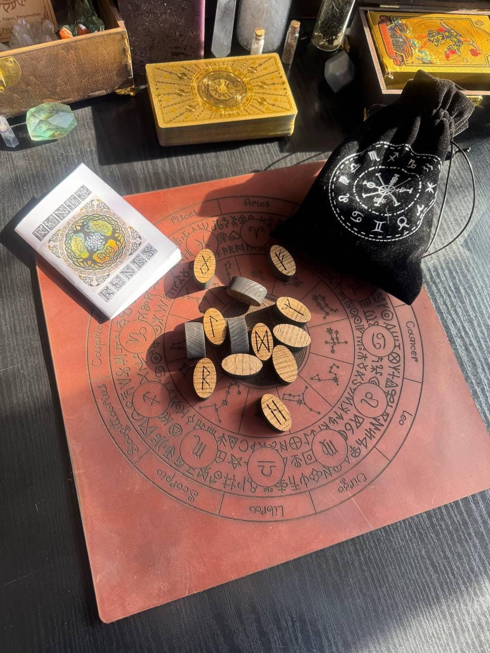 Engraved Leather Rune Mat with Zodiac Circle