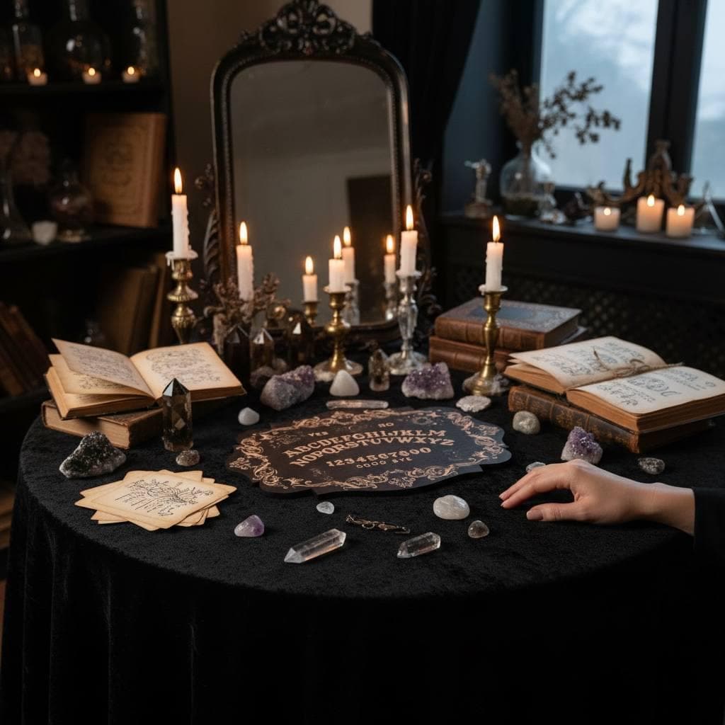 Ouija board, black wood, spirit board with planchette, gothic divination decor