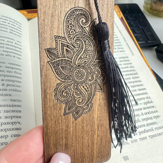 Engraved Wooden Mandala Bookmark with Tassel, Boho Gift