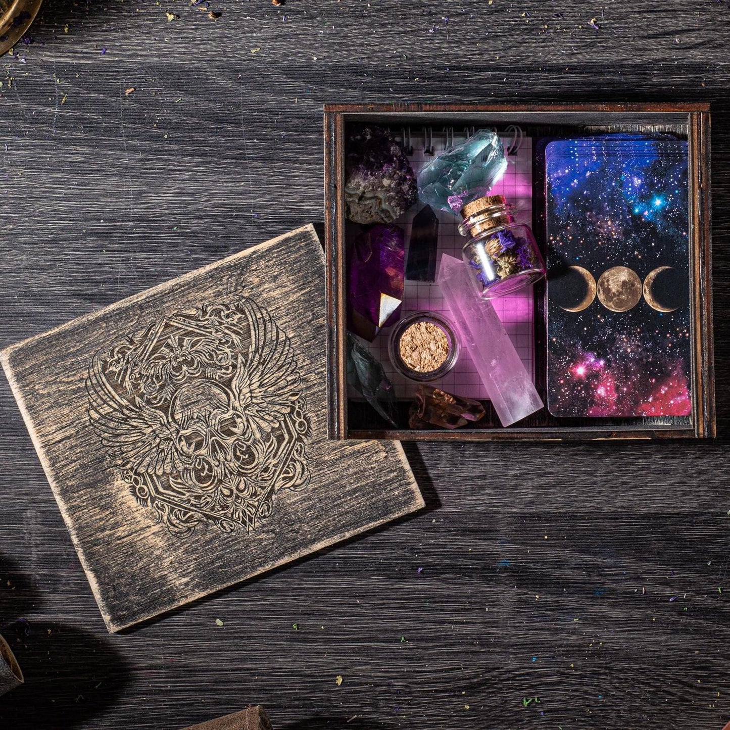 Tarot cards and crystals storage wooden box, Engraved personalized casket for witch tools