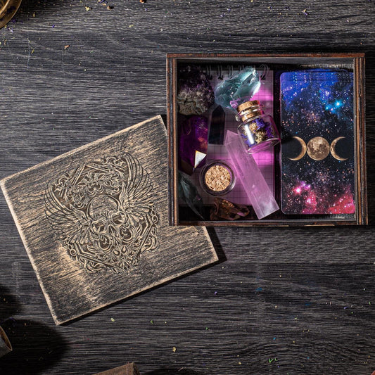 Tarot cards and crystals storage wooden box, Engraved personalized casket for witch tools