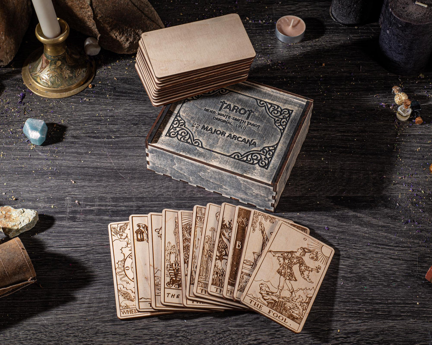 Wooden Tarot Cards 22 Major Arcana Rider Waite Natural Wood Engraved Deck with Box
