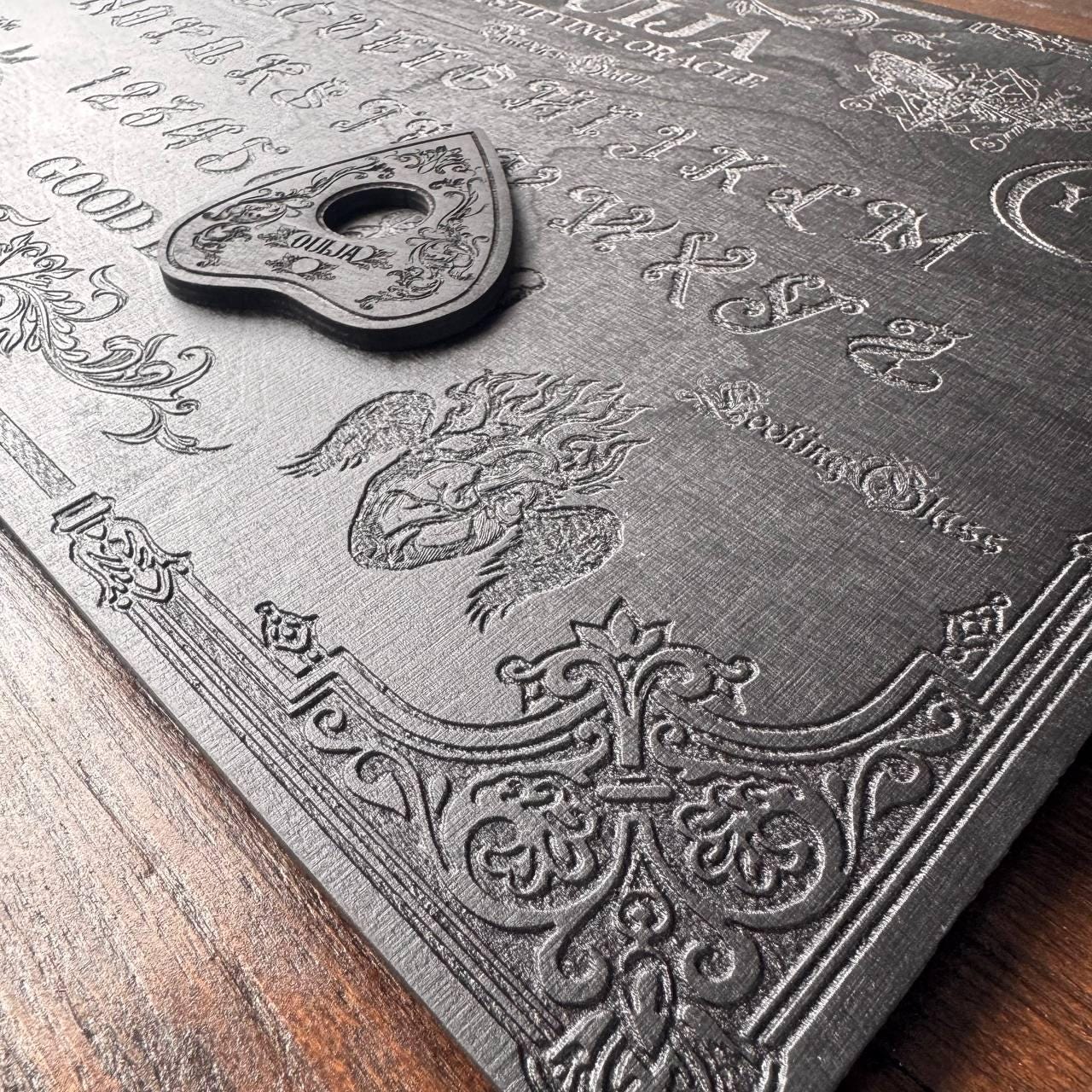 Black Ouija Board - Wooden Spirit Board with Engraved Planchette for Ritual Altar