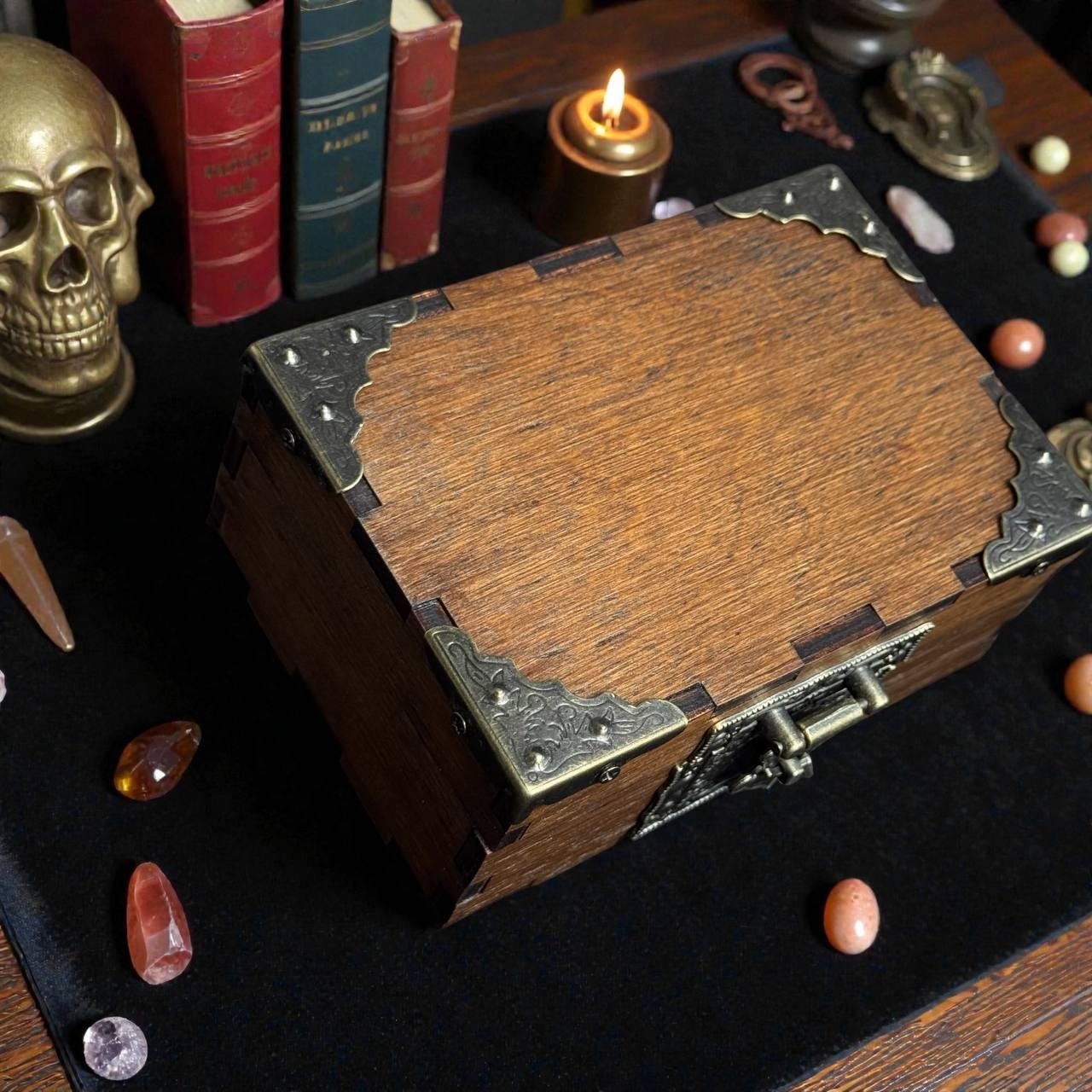 Engraved Wooden Storage Box, Vintage Witch Altar Box, Crystal Storage Chest