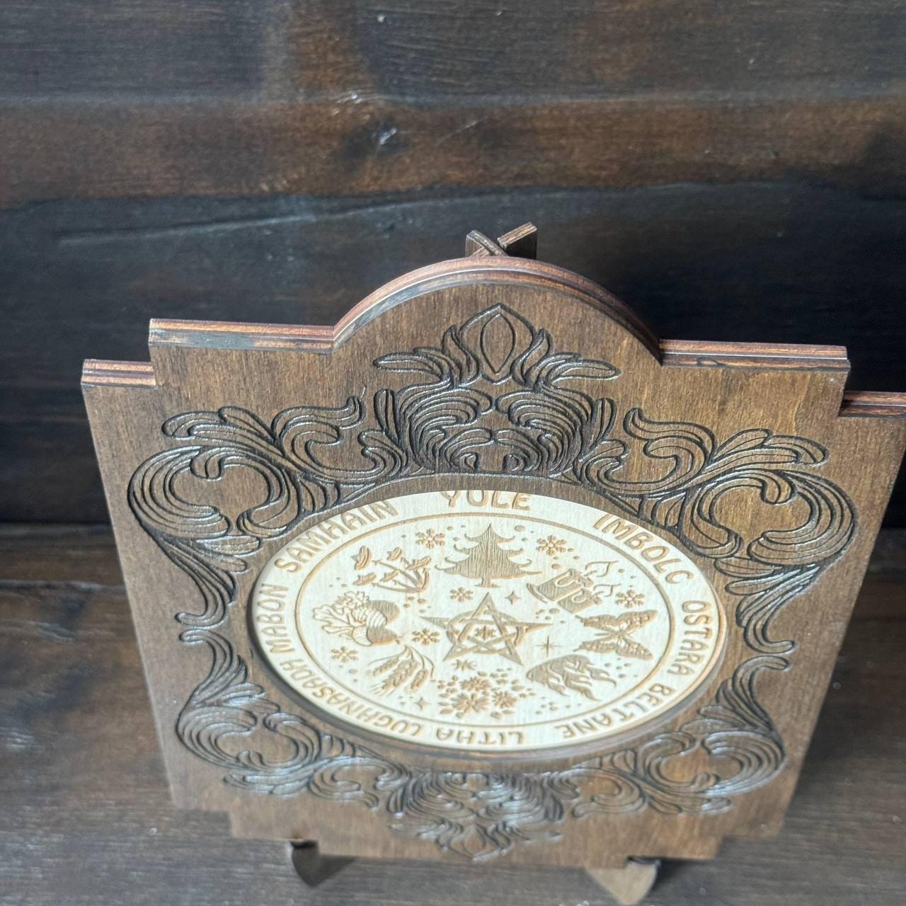 Wooden Wheel of the Year Altar Calendar with Stand, Engraved Wiccan Sabbat Decor