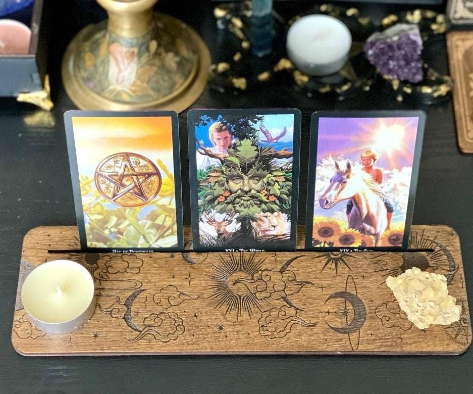 Moon and Sun Tarot Card Stand, Engraved Wooden Reading Holder
