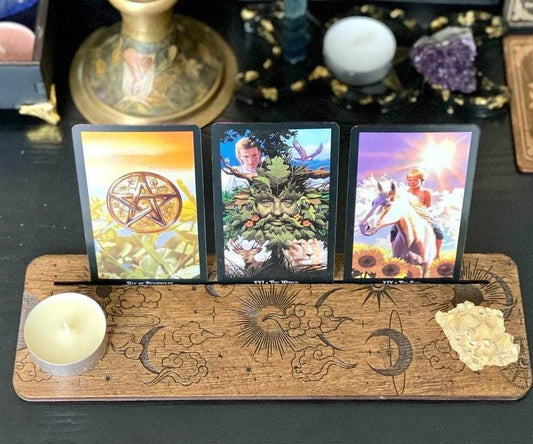 Moon and Sun Tarot Card Stand, Engraved Wooden Reading Holder